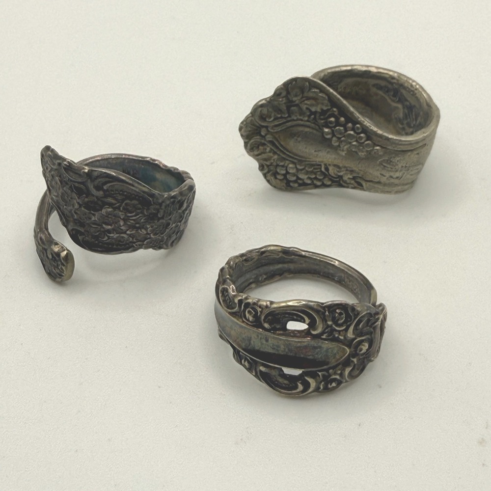 Lot of Three Vintage Spoon Rings Floral Grape Scrollwork Boho Artsy